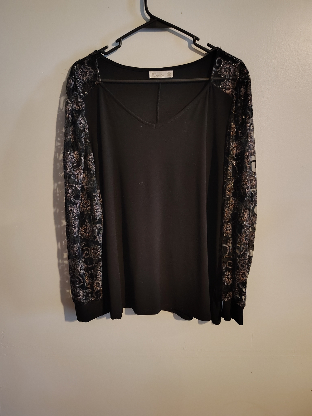 89th & Madison Black Top with Sheer Embellished Floral Sleeves